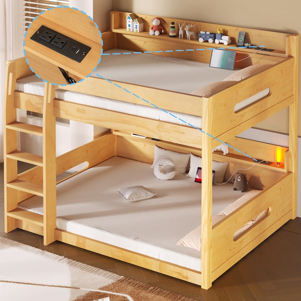 Queen over Queen Bunk Bed with Storage Shelves & Built-in USB Ports, Heavy Duty Metal Frame