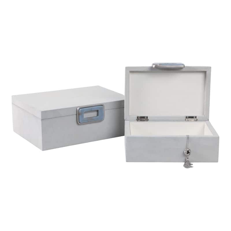 Decorative Suede Box with Lid and Gemstone - Set of 2, 14", 11" White - 14.0"