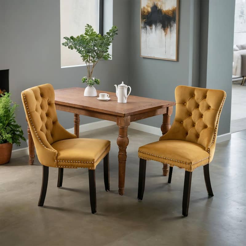 Modern, High-end Tufted Solid Wood Contemporary Velvet Upholstered Dining Chair with Wood Legs Nailhead Trim 2-Pcs Set - Gold
