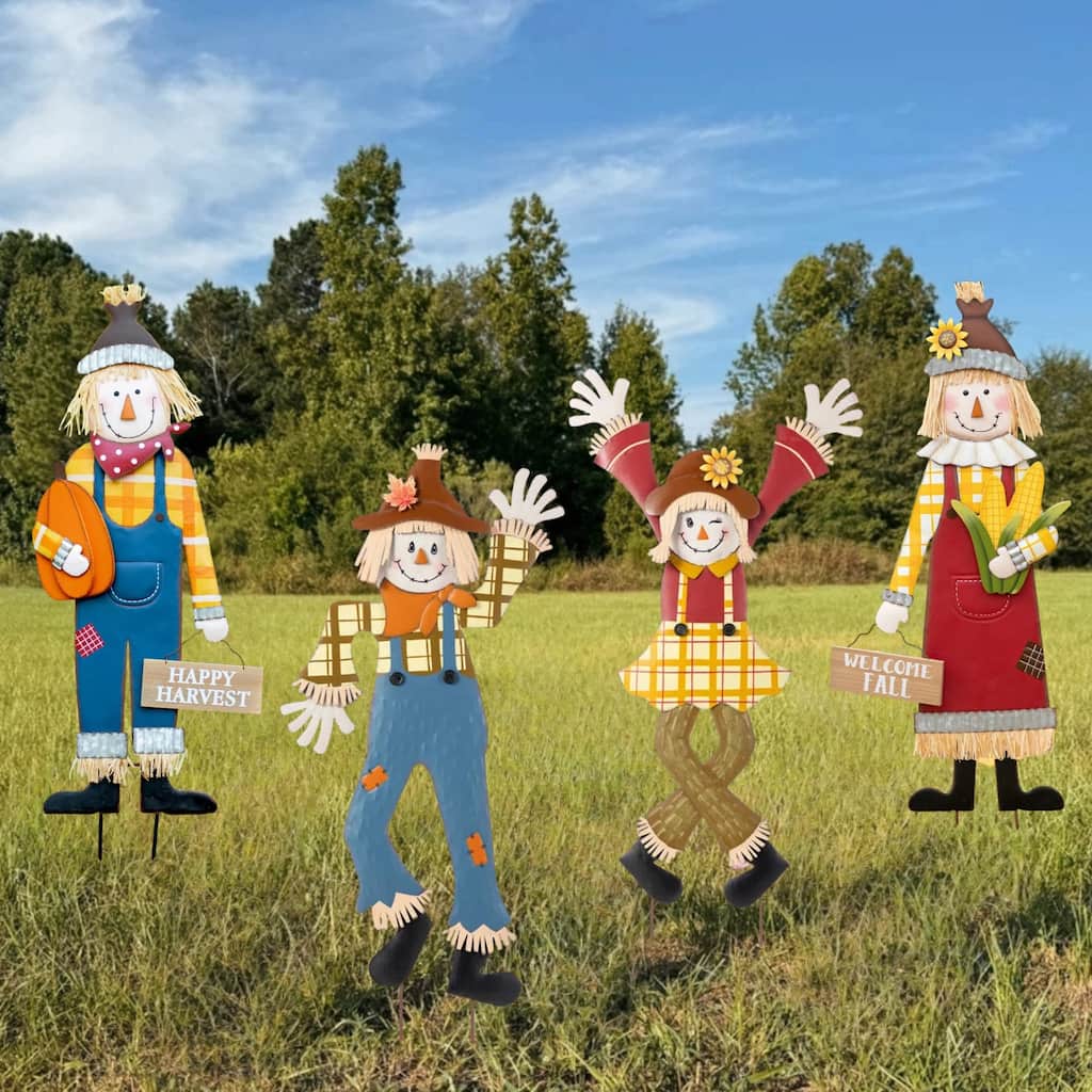 Glitzhome Fall Thanksgiving Metal Scarecrow Boy & Girl Yard Stake Porch Decor