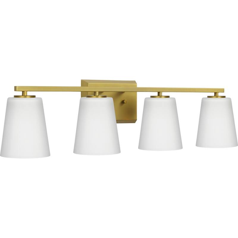 Vertex Collection Four-Light Brushed Gold Etched White Glass Contemporary Bath Light - 29 in x 6.25 in x 7.5 in
