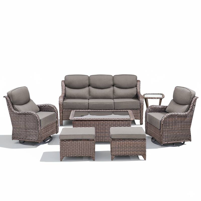 Meyreso 7-Piece Wicker Patio Conversation Set with Swivel Gliders and 6-Inch Thick Cushions