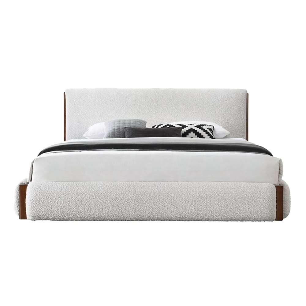 Boucle Upholstered Eastern King Bed in White and Walnut