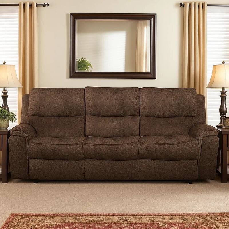Heny Manual Reclining Sofa, Brown Fabric Seating, 88 Inch, No Sag