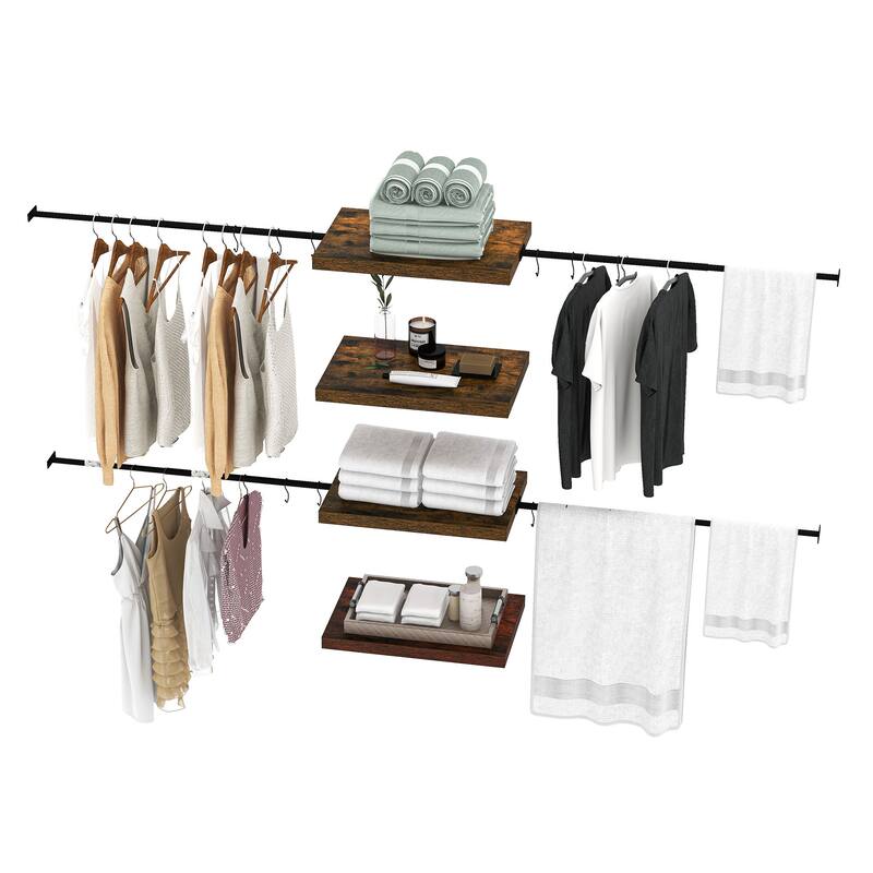 Wall-Mounted Clothing Storage Rack Multi-Functional Closet Organizer System with Adjustable Rods and Shelves - 4 Shelves-Black