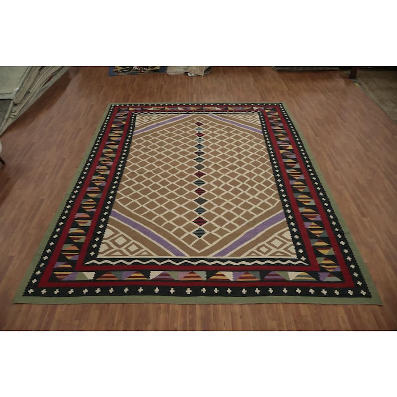 Hand Woven Oriental 100% Wool Carpet Southwestern Tribal Brown Kilim Area Rug - 15' 2'' X 11' 10''