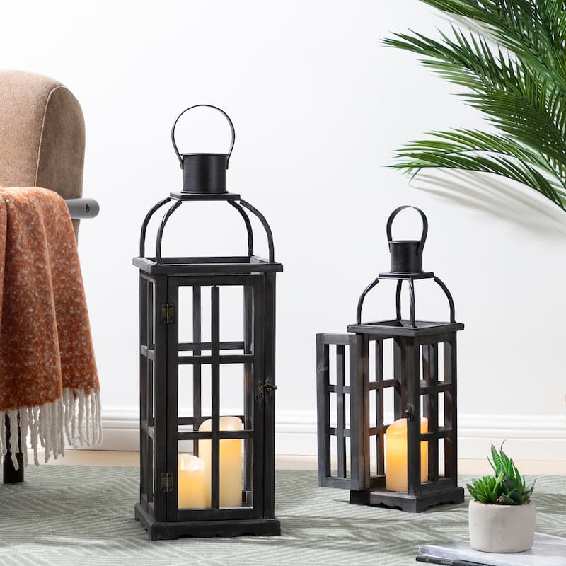 Glitzhome Farmhouse Wooden Metal Cage Candle Holders Patio Hanging Vintage Lanterns (Set of 2)