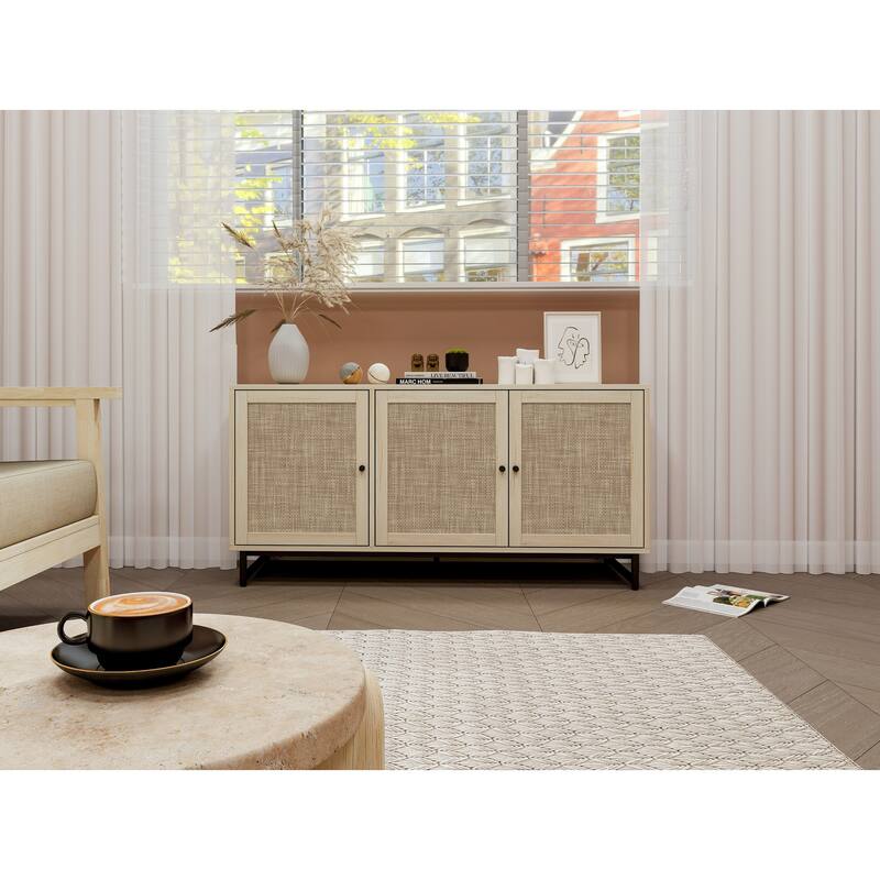 Accent Storage Cabinet With Doors And Shelves, Sideboard Wood Buffet Cabinet, Adjustable Interior Shelves and Cane Doors