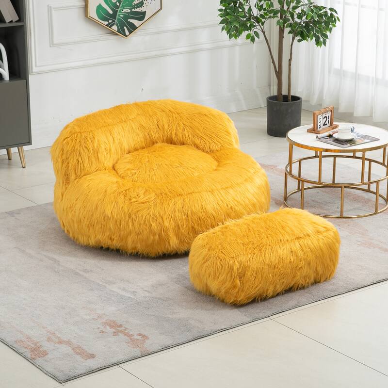 Plush Upholstered Round Comfort Lounger Bean Bag Chair with Ottoman
