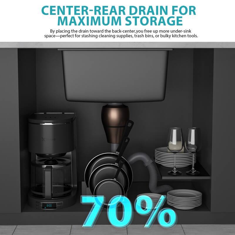 24" Undermount Single Bowl Quartz Kitchen Sink in Black - 24'' x 18'' x 12''