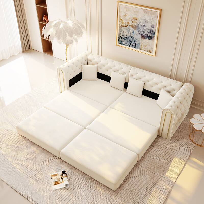 90.6" Velvet Pull Out Sofa Bed, 3-in-1 Convertible Sleeper Sofa with Movable Ottoman, Modern Button Tufted Chesterfield Sofa