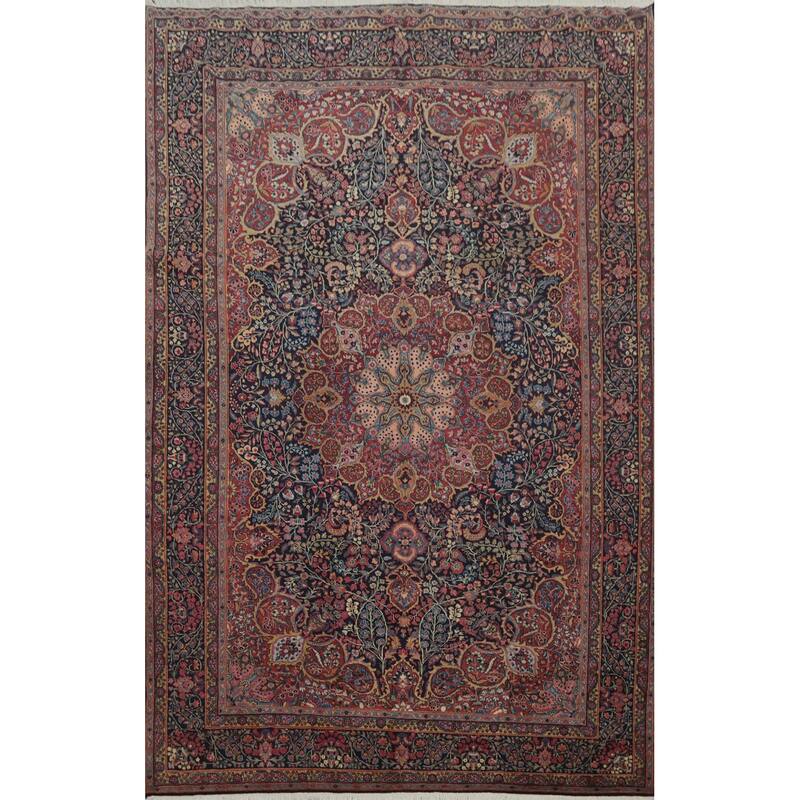 Hand Knotted Oriental 100% Wool Carpet Traditional Floral Navy Blue & Blues Tabriz Area Rug - 11' 7'' X 7' 9''