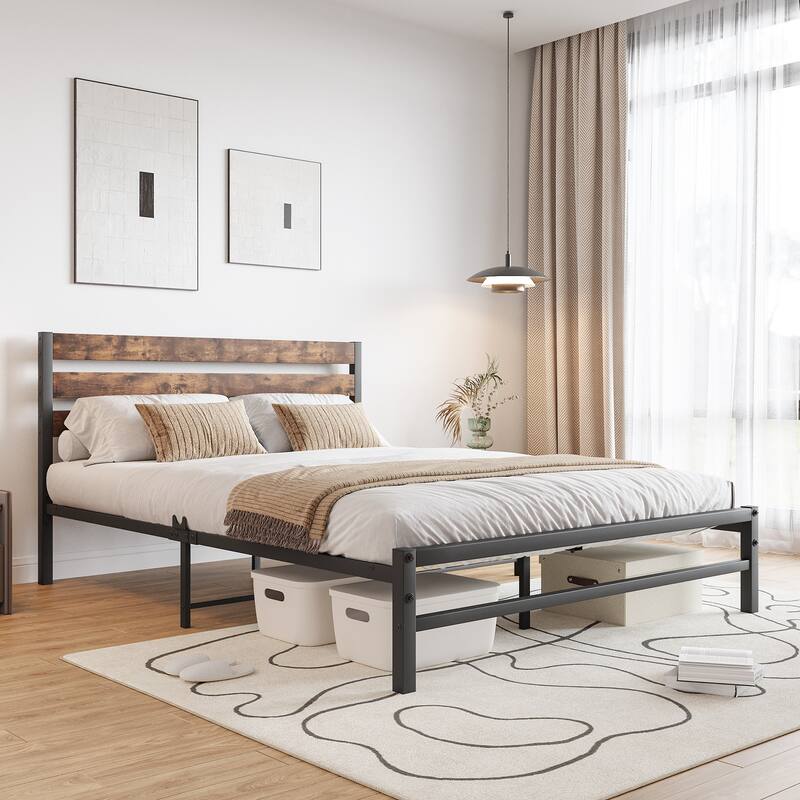 Industrial Vintage Bed Frame for Twin/Full/Queen Mattress, Strong Metal Slats, Wood Headboard, and Under-Bed Storage