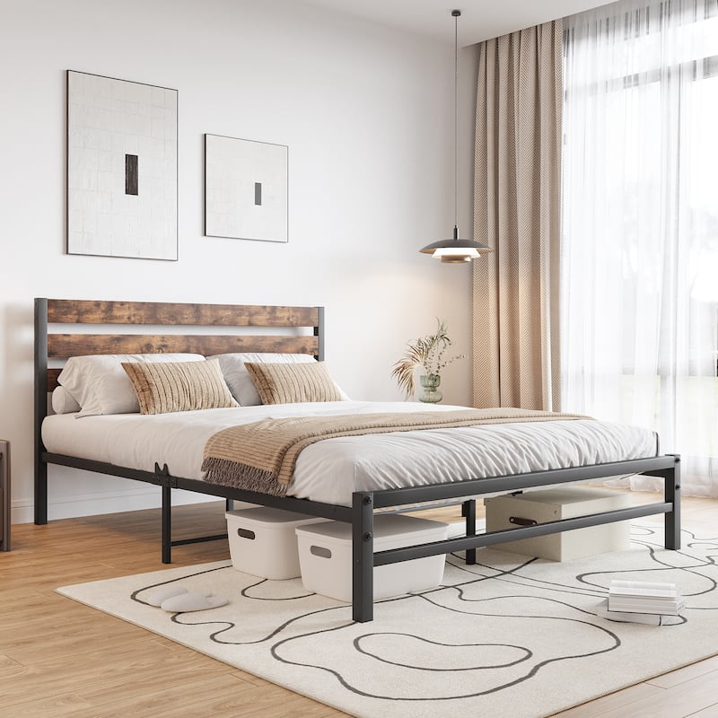 Metal Queen Bed Frame Rustic Vintage Wood Headboard, Strong Steel