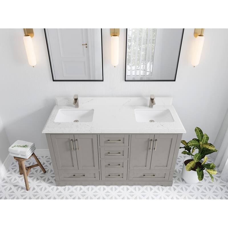 Willow Collection 60 in W x 22 in D x 36 in H Boston Double Bowl Sink Bathroom Vanity with Countertop - 1.5"Empira - Elephant Skin Gray