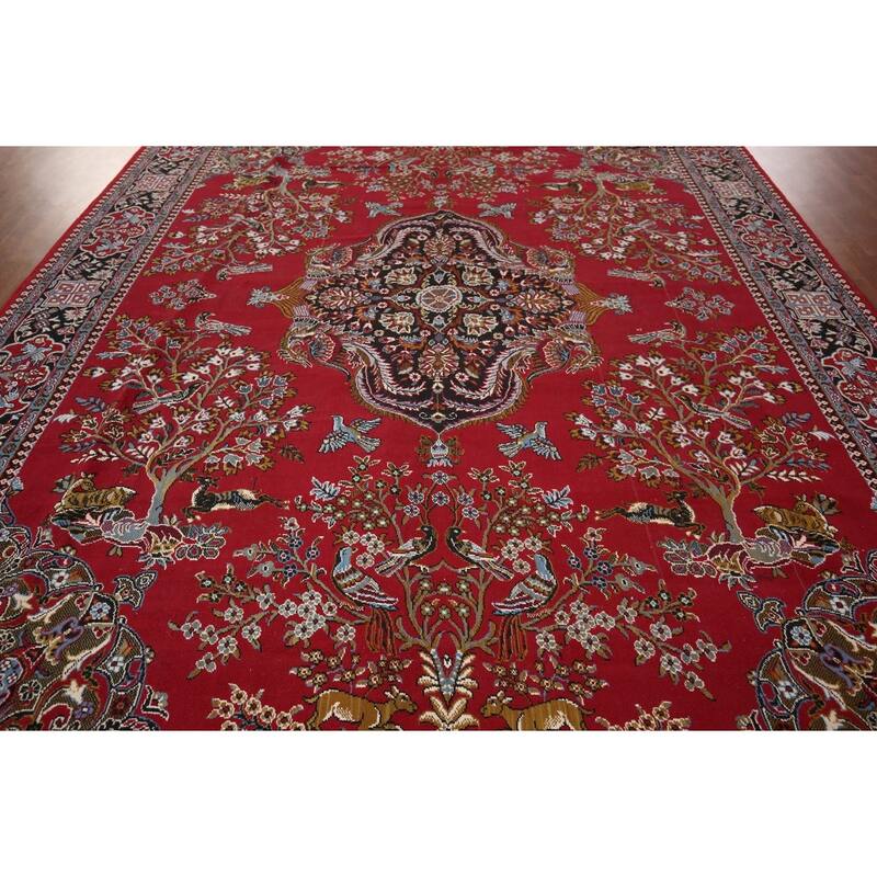 Animals Red Floral Kashan Turkish Area Rug Machine-Made Carpet - 9'7" x 12'8"