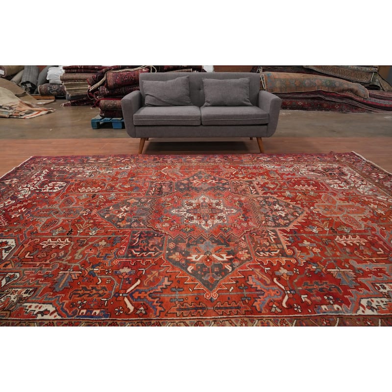 Hand Knotted Oriental 100% Wool Carpet Traditional Medallion Oranges & Rust Heriz Area Rug - 11' 10'' X 8' 9''