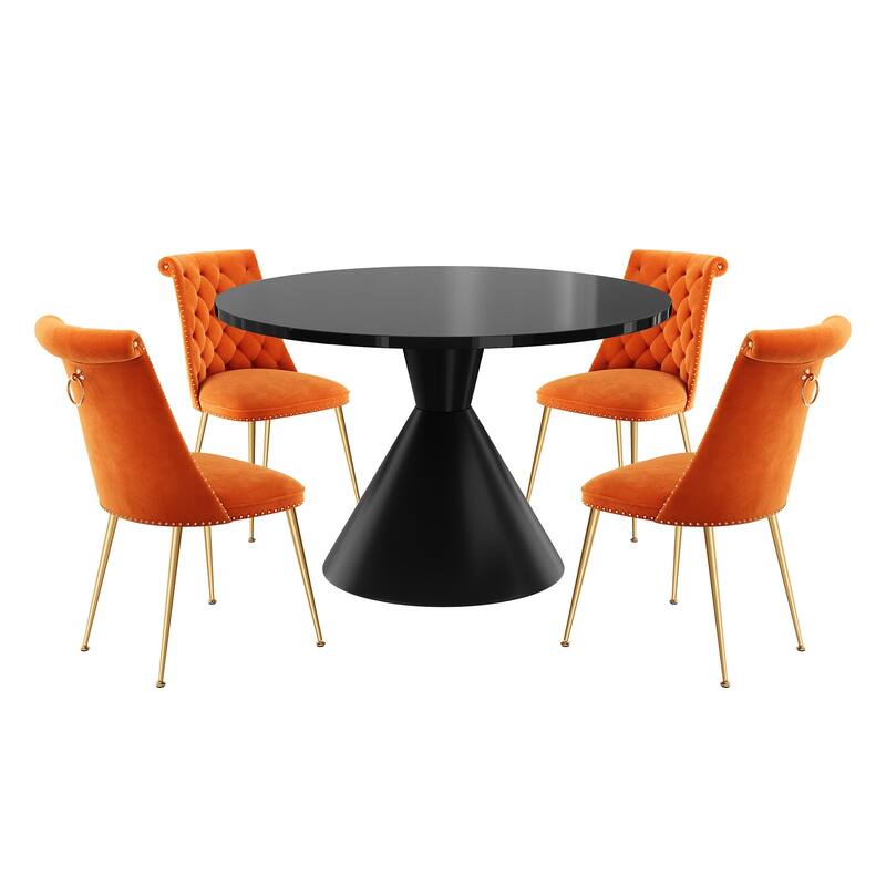 48" Light Luxury Black High Gloss Large Countertop Dining Table with Velvet Dining Chair Set