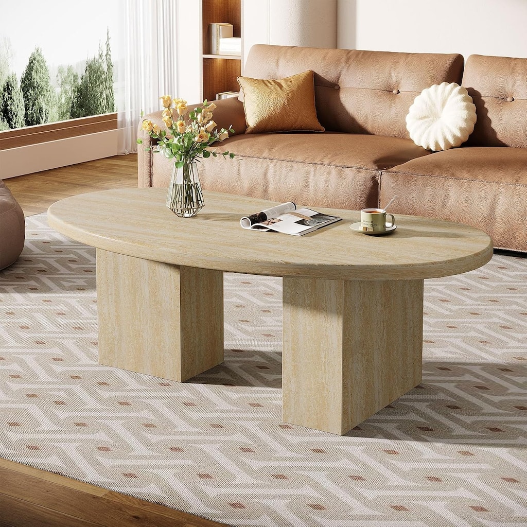 45 Inches Oval Coffee Table with Asymmetric Pedestal Legs for Living Room