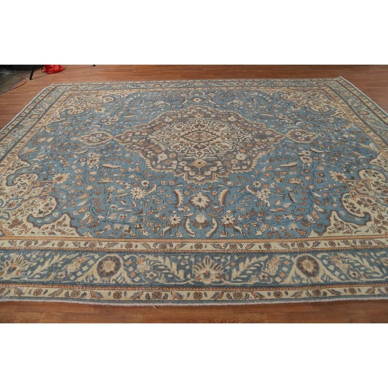 Floral Tabriz Persian Rug Handmade Blue Traditional Wool Carpet - 9'9"x 12'9"