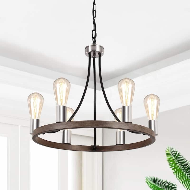 6-Light Farmhouse Metal Round Wagon Wheel Chandelier for Dining Room Living Room Bedroom Kitchen - 19.68'' D x 16.14'' H - Black+ Nickel+ Wood Grain