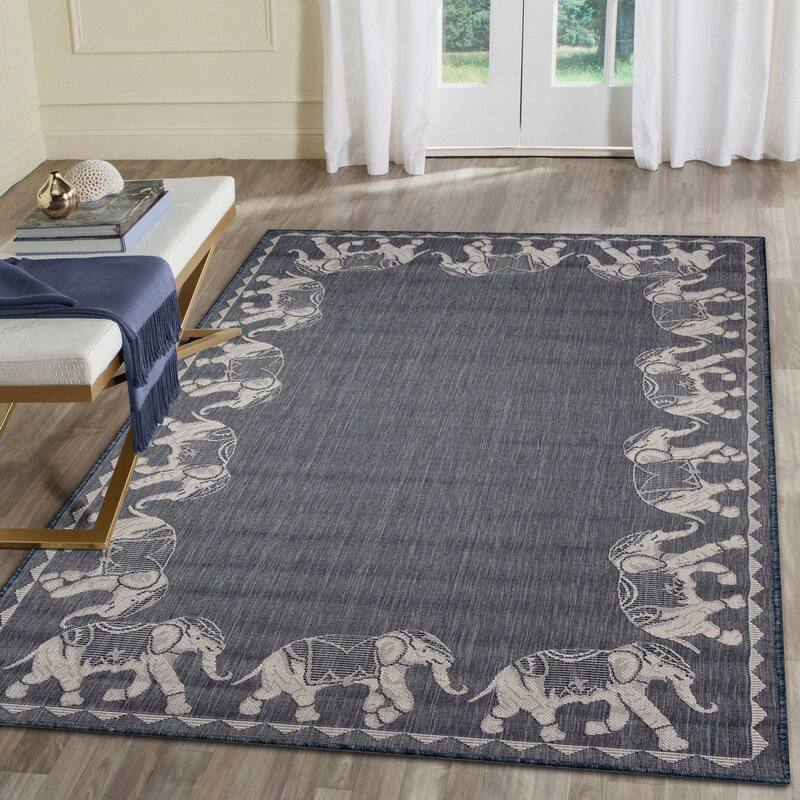 Liora Manne Carmel Marching Elephants Indoor/Outdoor Area Rug - 7'10" x 7'10" - Navy