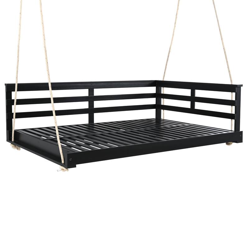 Acacia Wood Porch Swing Bed for Outdoor with Hemp Ropes - Full Size Patio Hanging Bed, 350lbs Capacity