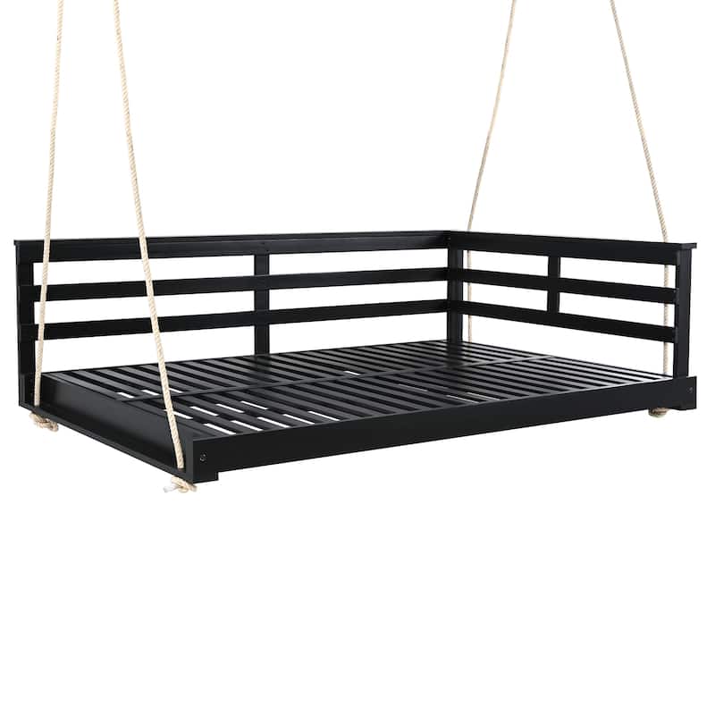 Roomfitters Outdoor Full Size Hanging Porch Swing Bed, Acacia Wood Frame with Hemp Ropes for Patio, Backyard, Garden