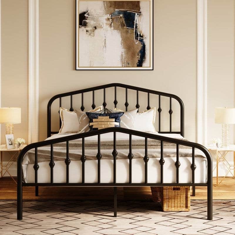 Vintage Farmhouse Black Metal Platform Bed with Spindle Headboard and Footboard No Box Spring Required - Full