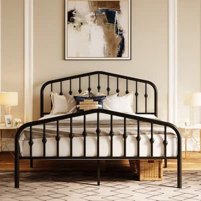 Vintage Farmhouse Black Metal Platform Bed with Spindle Headboard and Footboard No Box Spring Required