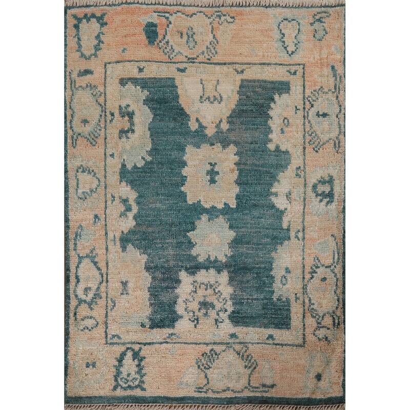 Hand Knotted Oriental 100% Wool Carpet Transitional Geometric Green Oushak Area Rug - 2' 10'' X 2' 1''