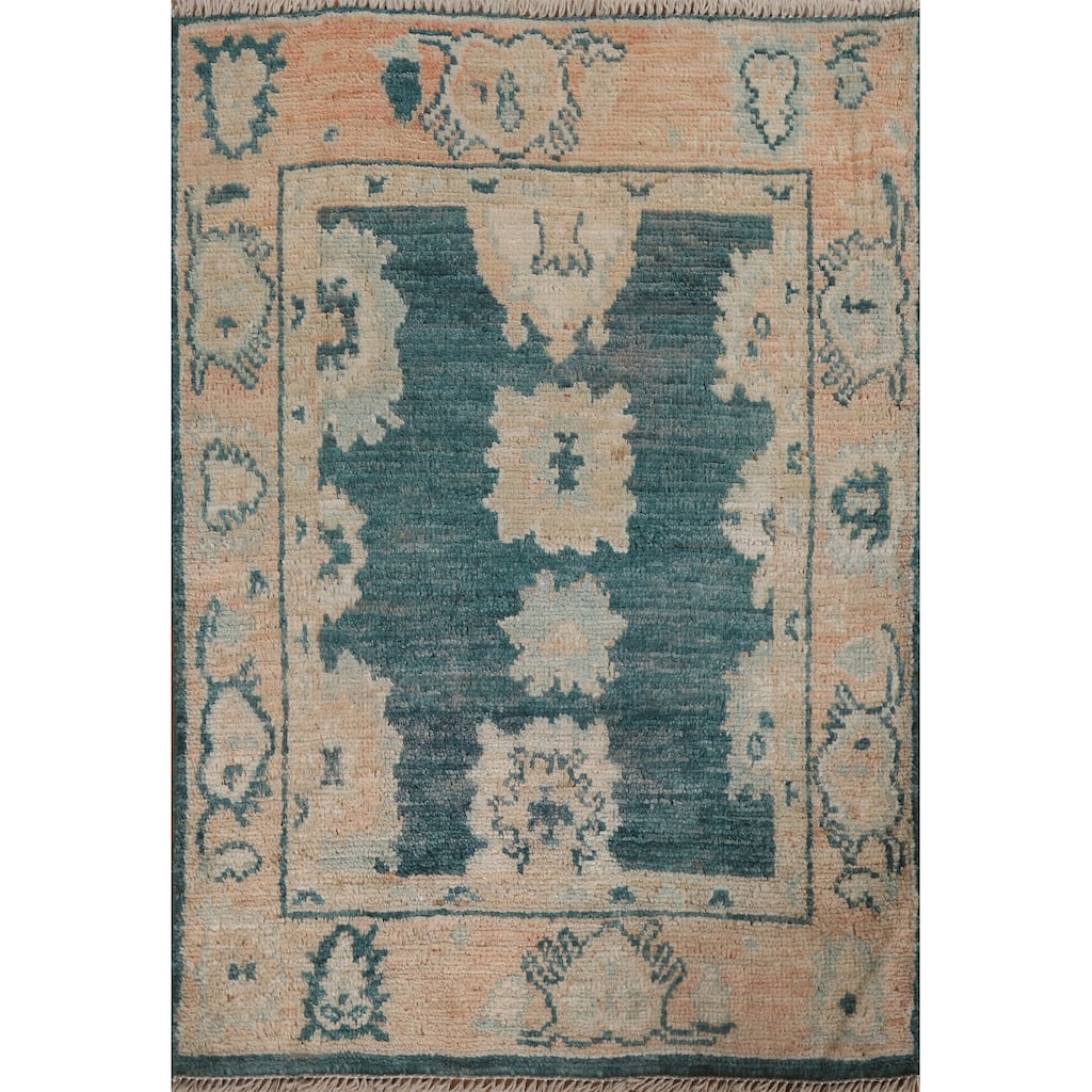 Hand Knotted Oriental 100% Wool Carpet Transitional Geometric Green Oushak Area Rug - 2' 10'' X 2' 1''
