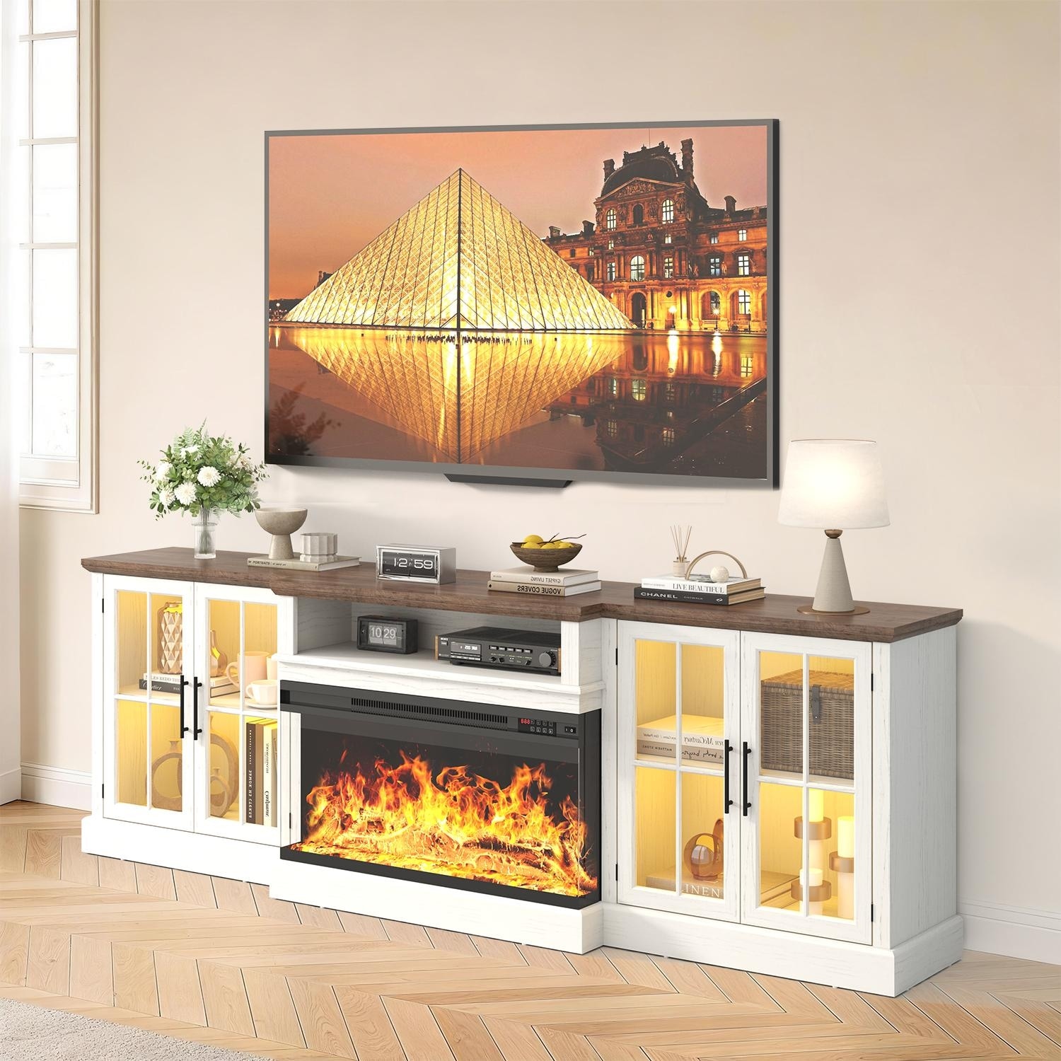 98" Farmhouse TV Stand with 36" Fireplace for TVs up to 100"