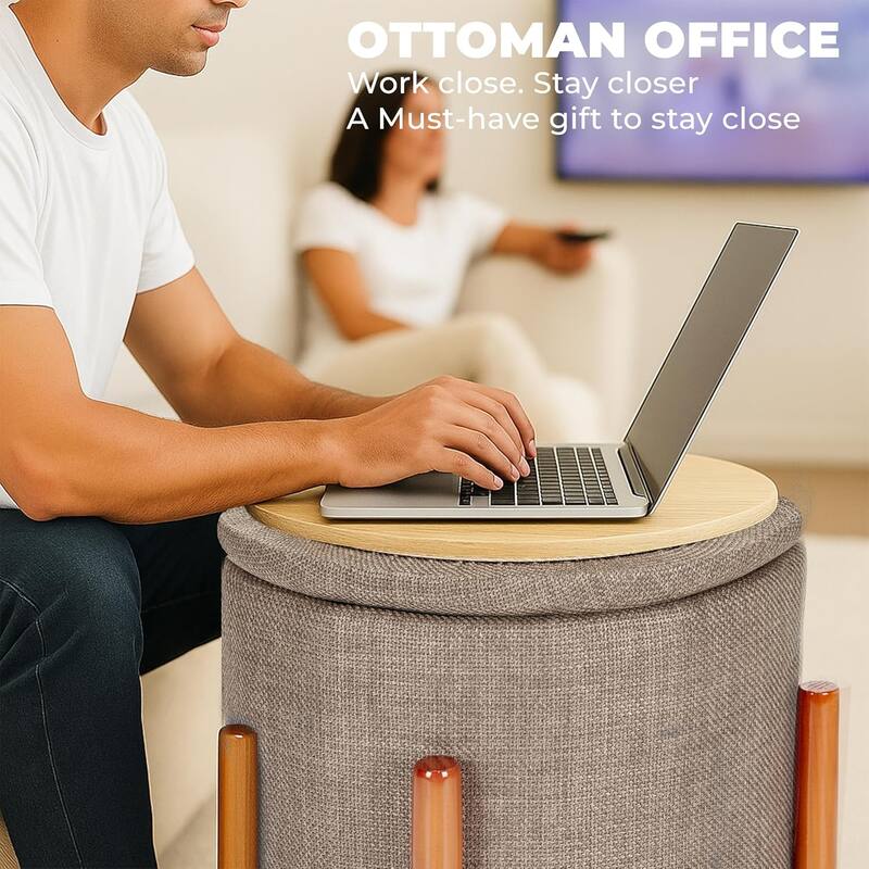 Modern Linen Ottoman with Pine Legs and Hidden Storage Flip Tray