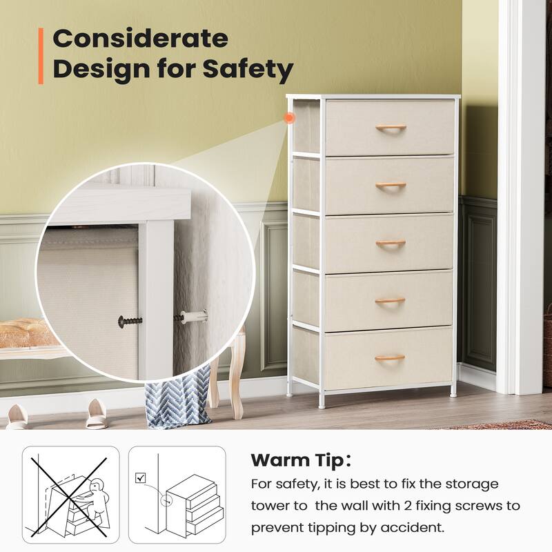 Pellebant Fabric Vertical Dresser Storage Chest Tower with 5 Drawers