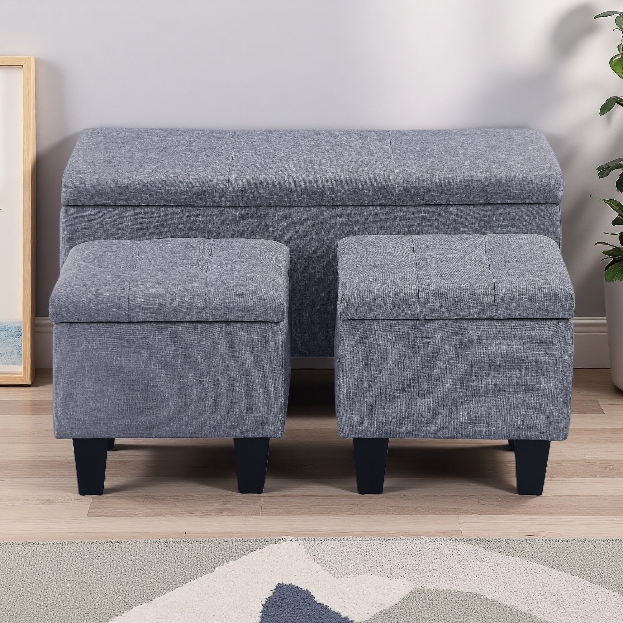 38.58"L 3-in-1 Large Storage Ottoman Bench Set, Tufted Linen Ottoman, 250 lbs Capacity, Multifunctional Storage for Living Room