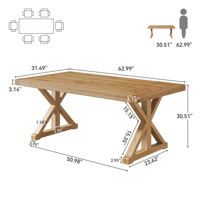 63" Long Solid Wood Dining Table, Rectangular Kitchen Table
