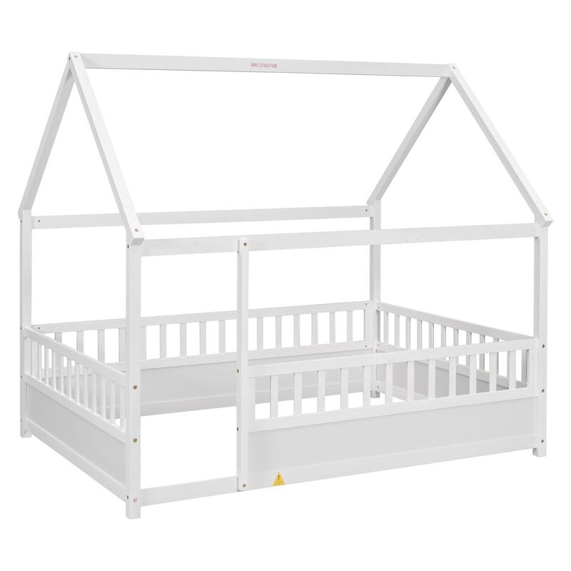 Kids Twin/Full House Bed with Roof Frame, Floor Bed with Fence Guardrails
