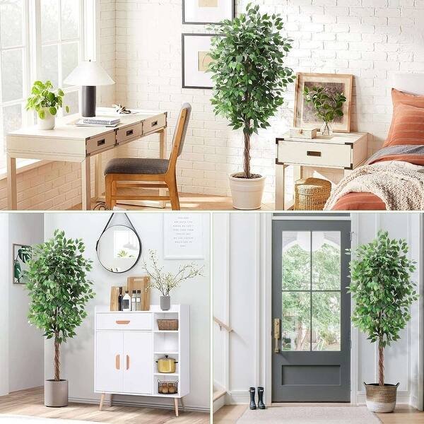 slide 2 of 7, Tall Artificial Ficus Tree with Natural Wood Trunk for Indoor/Outdoor Decor 5FT