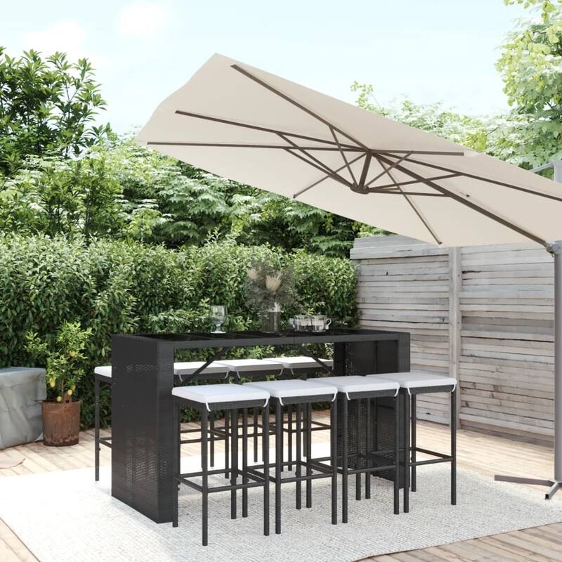 vidaXL 5 Piece Patio Bar Set with Cushions Black Poly Rattan - 15" x 15" x 29.9"