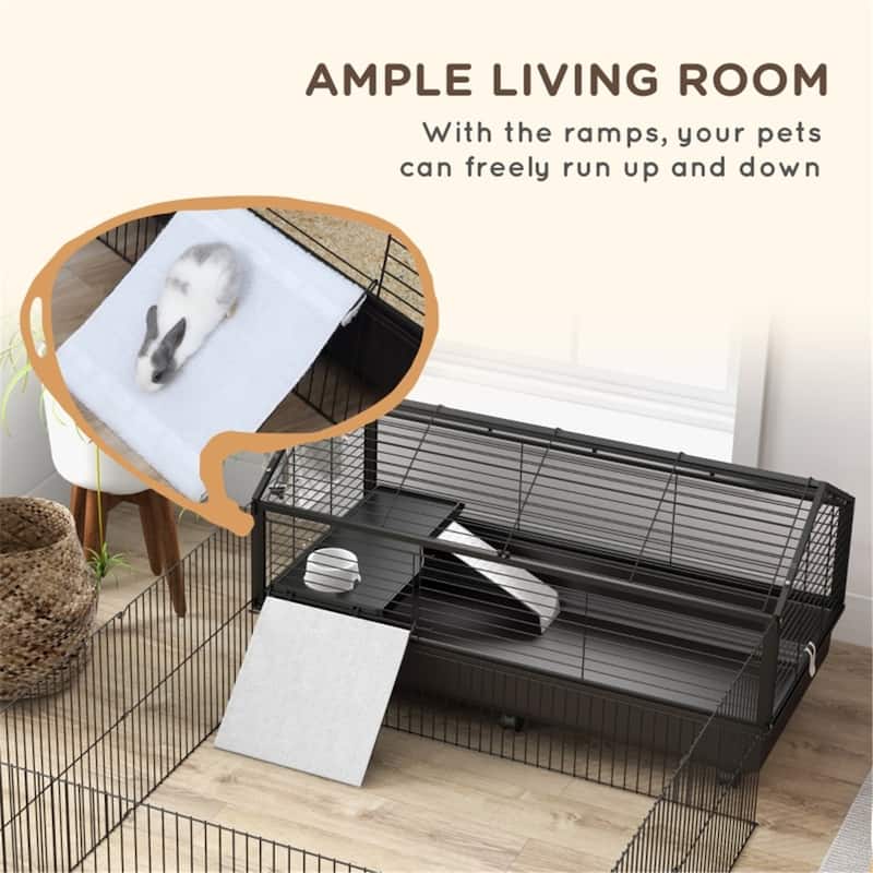 Black Small Playpen Cage with Front Door and Ramp Ideal for Bunnies and Hedgehogs - 47.25" L x 67" W x 24.5" H