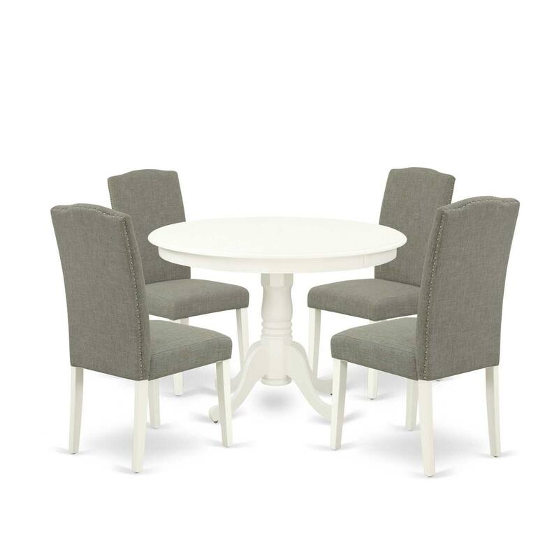 Round Dinette Set 5Pc - 42 Inch Table & 4 Chairs - Modern Kitchen Set - Linen White Legs - Dark Shitake Fabric