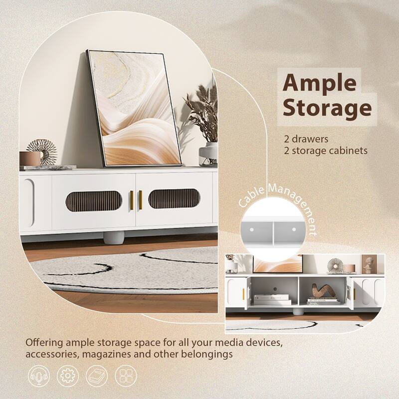 Modern 70.9'' TV Stand for TVs up to 80'', Entertainment Center with Glass Door, Drawers, Solid Wood Legs & Metal Handles