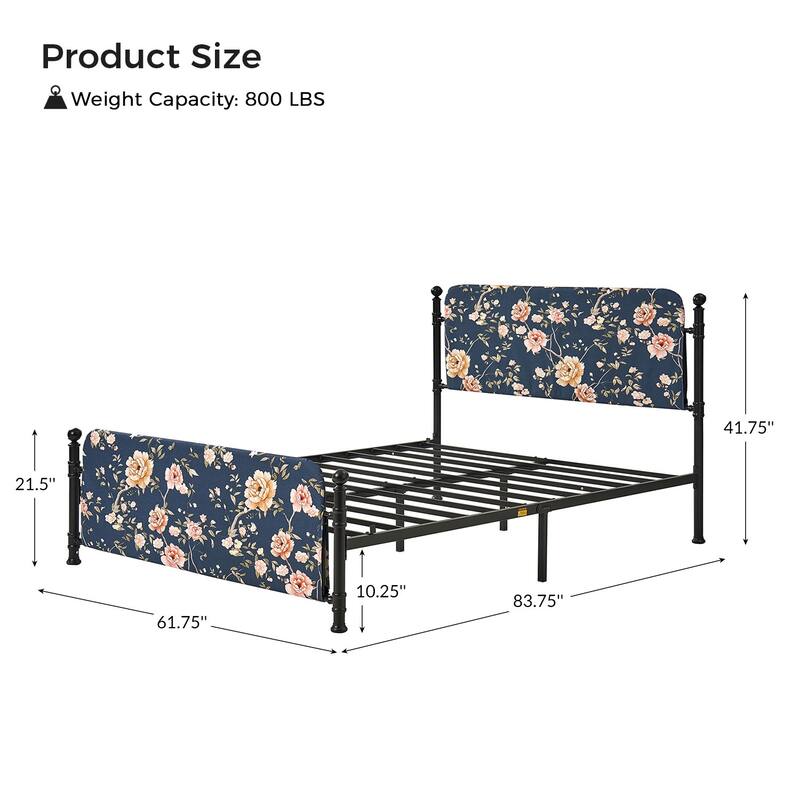 Diana Transitional 62" Floral Upholstered Platform Metal Bed Frame with Washable Slipcover by HULALA HOME