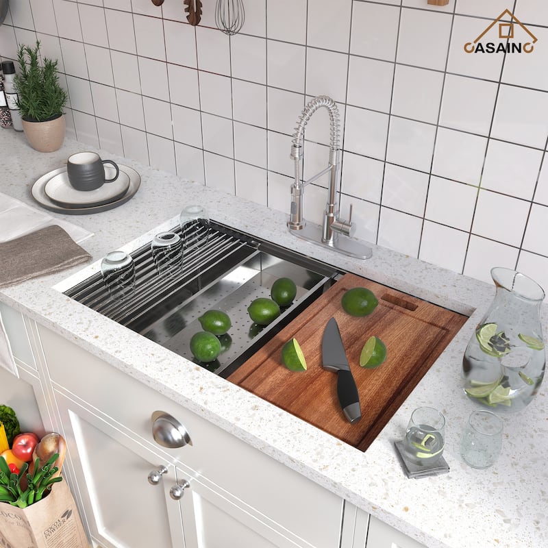 Undermount Single Bowl 18 Gauge Brushed Stainless Steel Workstation Kitchen Sink with Sliding-Accessories