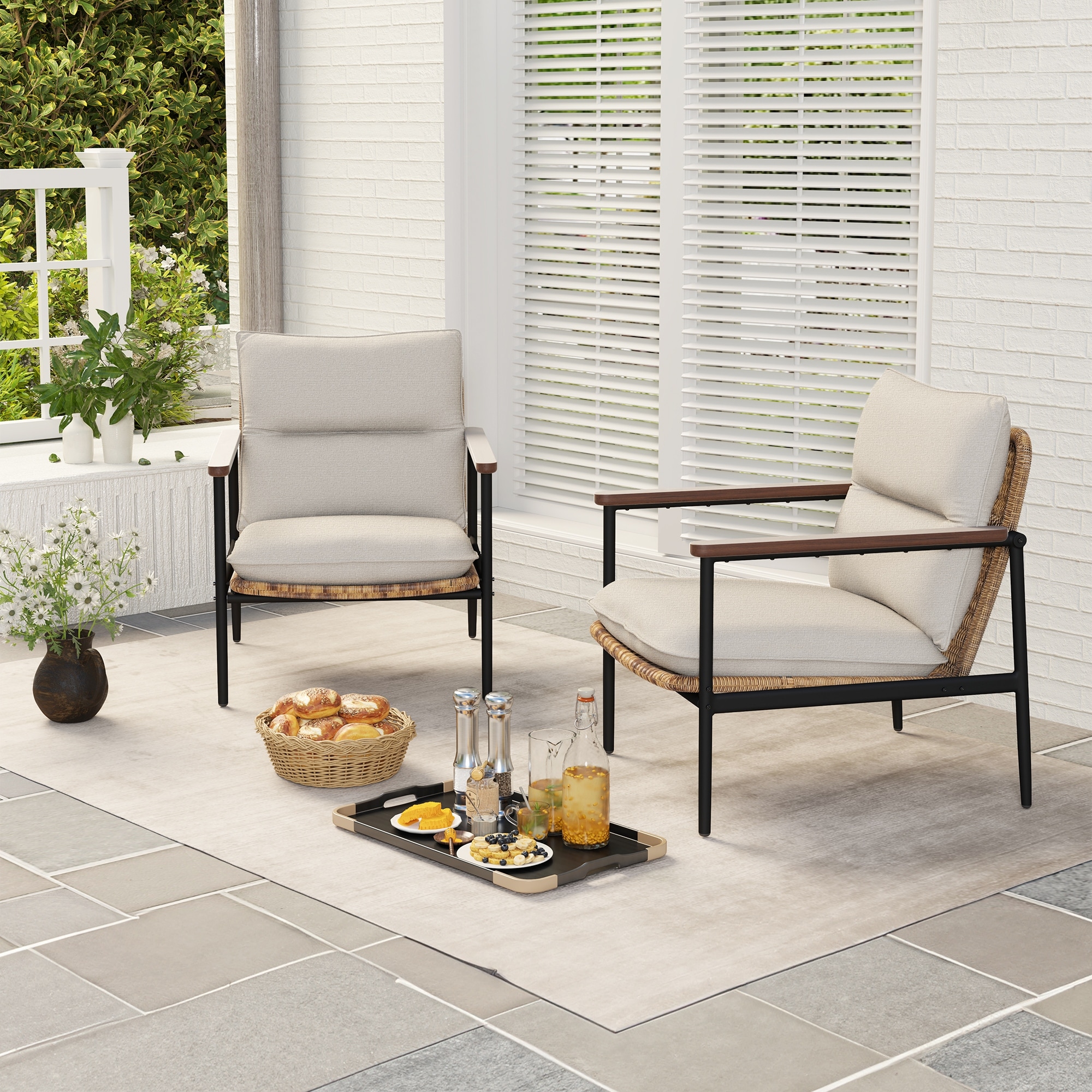 PureCane 2-Piece Aluminum Wicker Outdoor Patio Lounge Chair with Light Cushions