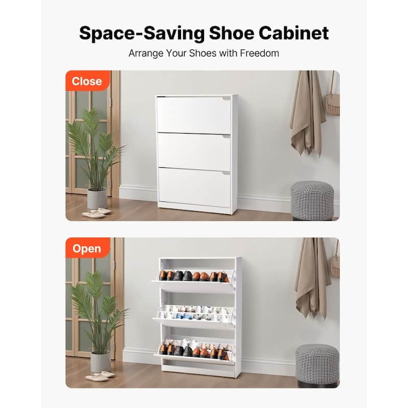 Modern White Shoe Cabinet with 3 Flip Drawers and Adjustable Shelves for Narrow Hallway Storage - 31.5 x 8.66 x 45.87 in