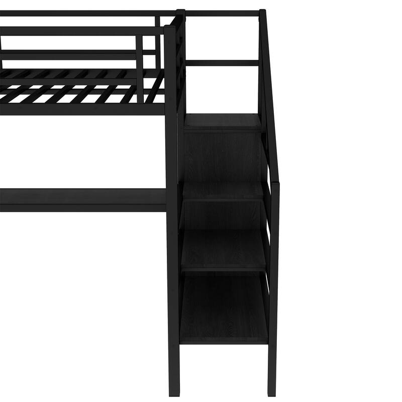 Roomfitters Full Metal Loft Bed with L-Shaped Desk, USB Port, Wardrobe, Adjustable Shelf & Lighting, Black
