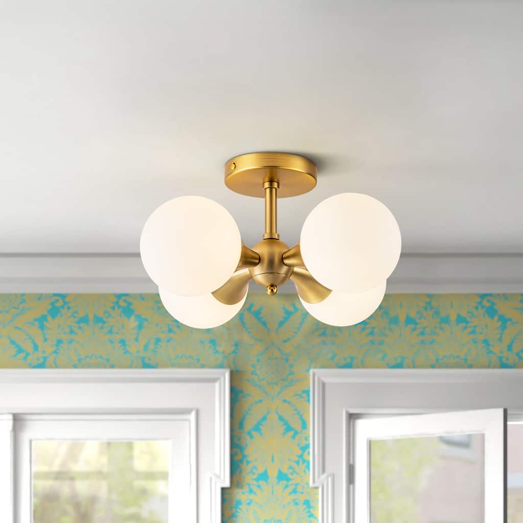 4-Light Modern Gold Sputnik Milky White Frosted Opal Glass Globe Bubble Semi-Flush Mount Light