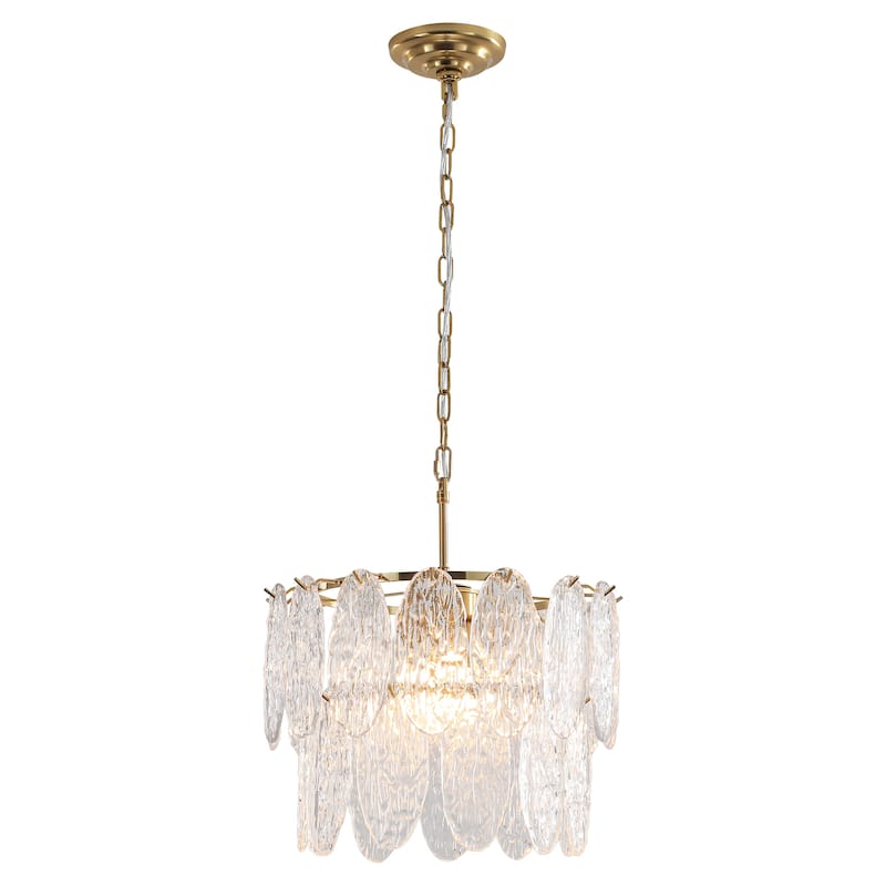 15.7" 2-Light Modern Luxury Gold Handmade Clear Textured Leaf-Shaped Glass Tiered Chandelier for Living Room, Dining Room